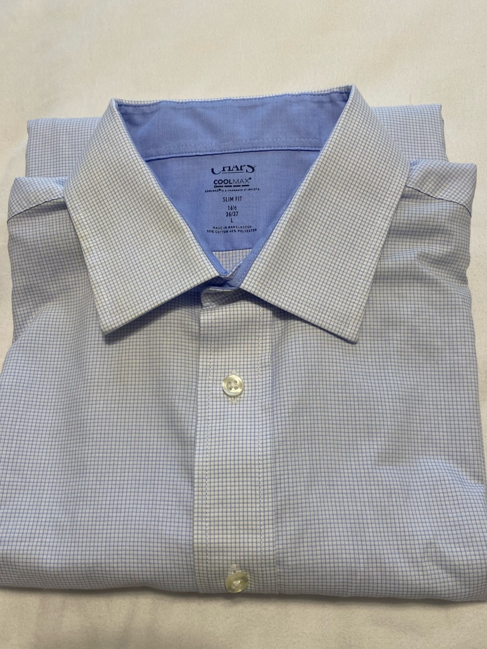 Chaps CoolMax Slim Fit Long Sleeve Light Blue Micro-Check Shirt Men’s L 16 1/2